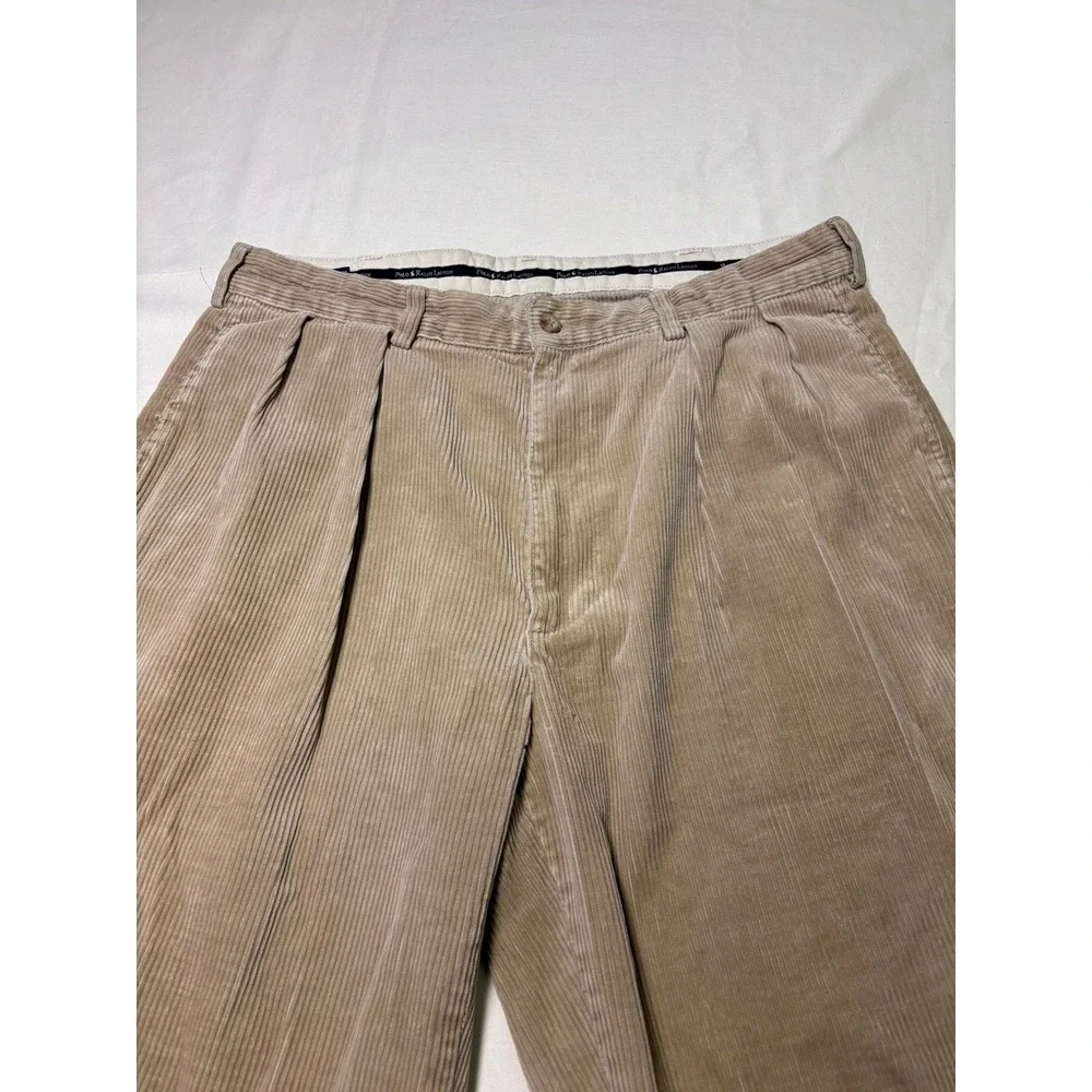 Vintage Polo Ralph Lauren Andrew Pant 35x30 Tan Wide Wale Corduroy Pleated Cords